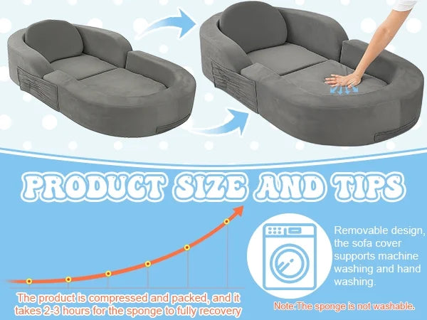 2026 NewCoumy Toddler Travel Bed 2-in-1 Kids Sofa Chair with Removable Cover, Soft Foam Portable Foldable Toddler Bed for Travel with Carrying Bag, Blue