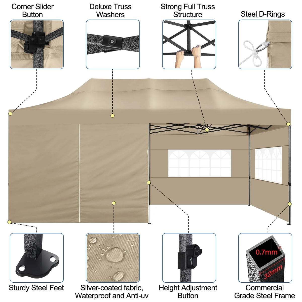 SANOPY 10'x20' Pop Up Canopy Waterproof Folding Tent Outdoor Easy Set-up Instant Tent Heavy Duty Commercial Wedding Party Shelter with 6 Removable Sidewalls, 4 Sandbags, Roller Bag, Black
