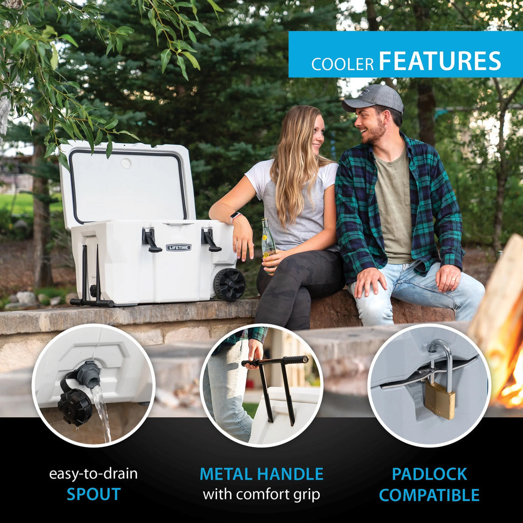 Lifetime 55 qt Bear-Resistant Camping Cooler Wheeled, Premium High Performance, Ice Retention, Hard Cooler, 60 Can Capacity, White (91072)