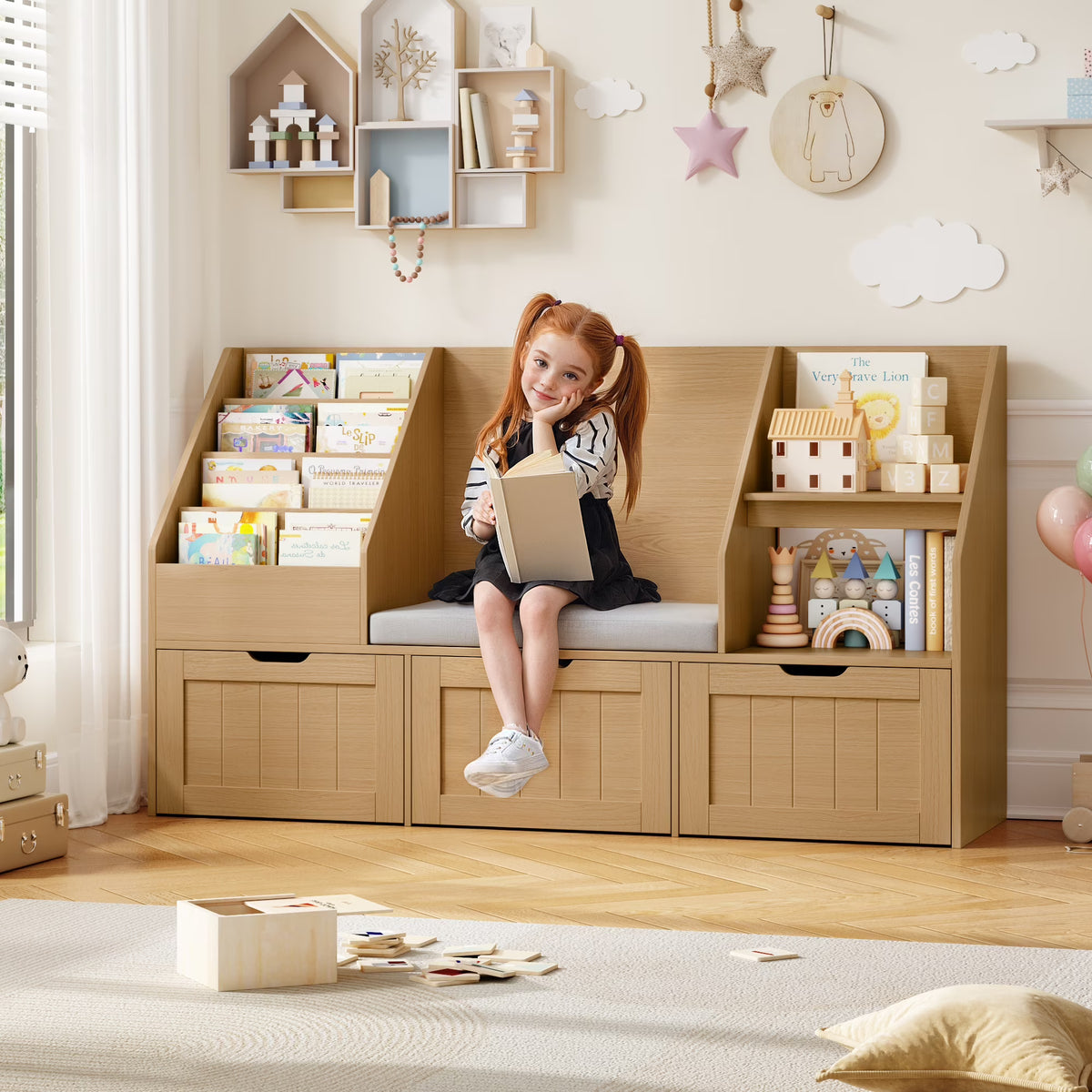 2026 NewHomfa Kids Bookshelf with Reading Nook & 3 Movable Drawers, 2 Cube Bookcase with 4-Tier Book Racks, Toy Storage Organizer for Playroom Bedroom, White