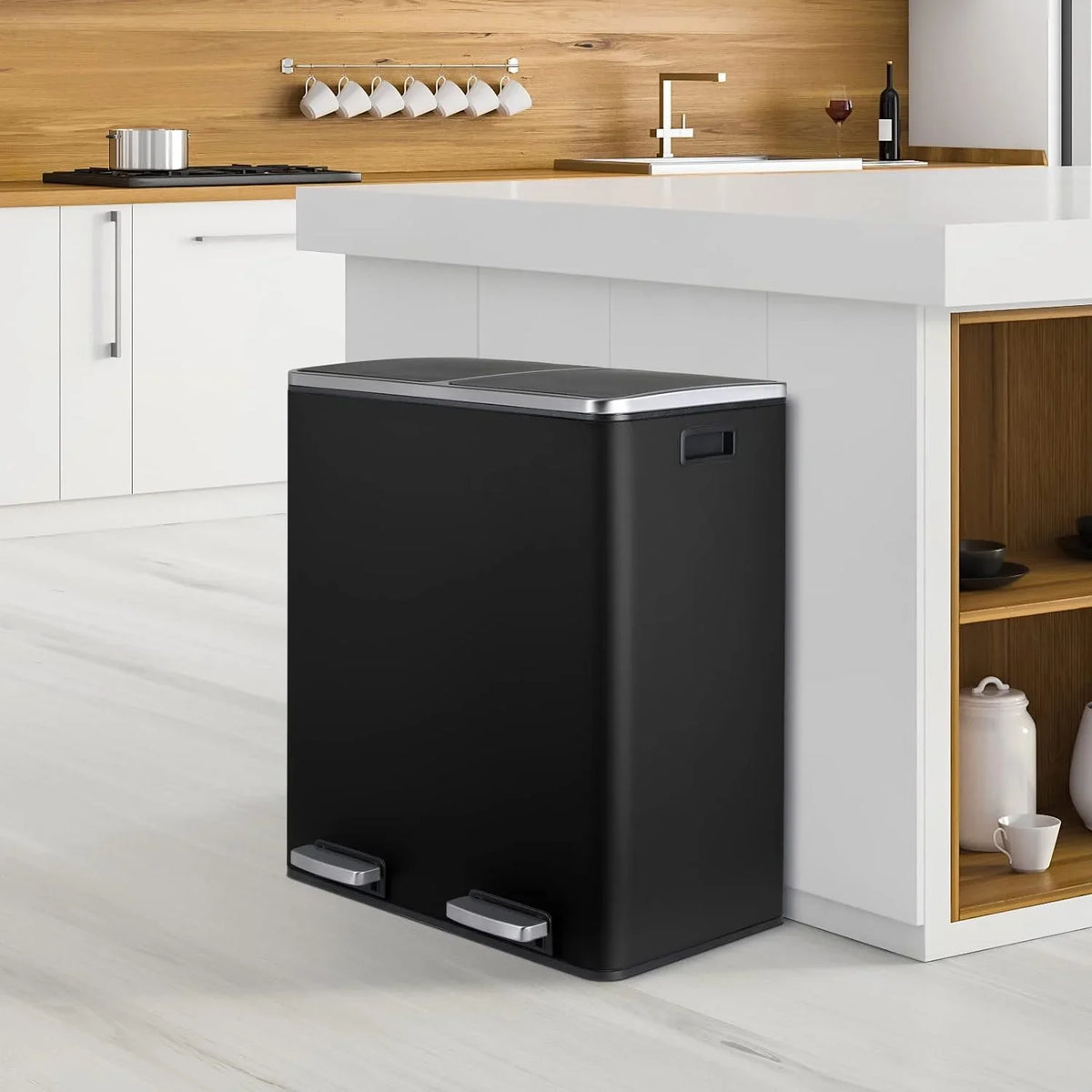 2026 NewLAZY BUDDY Dual Garbage Can, Stainless Steel 16 Gallon Step Kitchen Trash Can with Soft-Close Lid, Double Compartment Garbage Recycling Bin