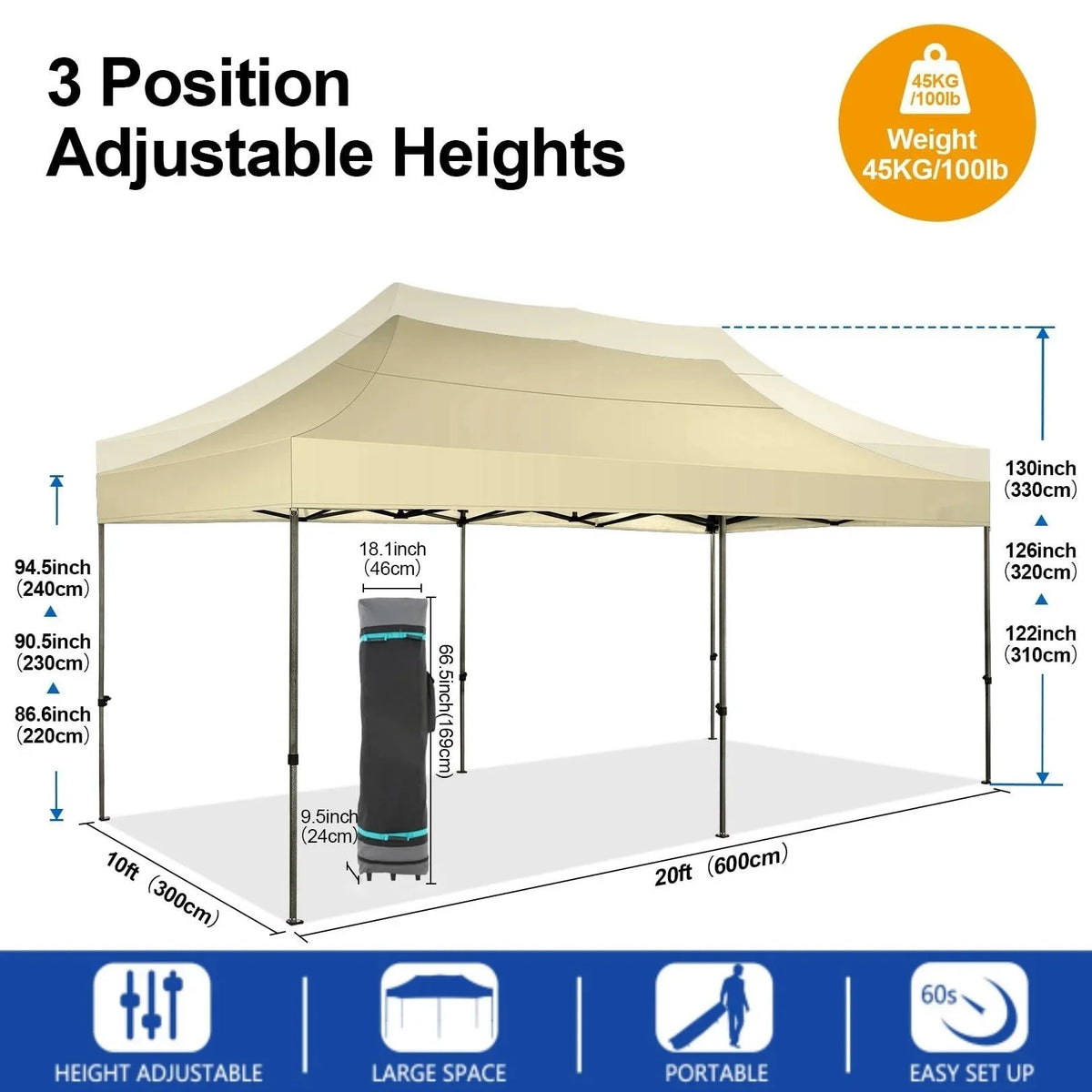 COBIZI 10x20 Heavy Duty Pop up Canopy Tent with 6 sidewalls Easy Up Commercial Outdoor Canopy Wedding Party Tent for Beach All Season Wind & Waterproof Gazebo with Roller Bag,Black(Frame Thickened)