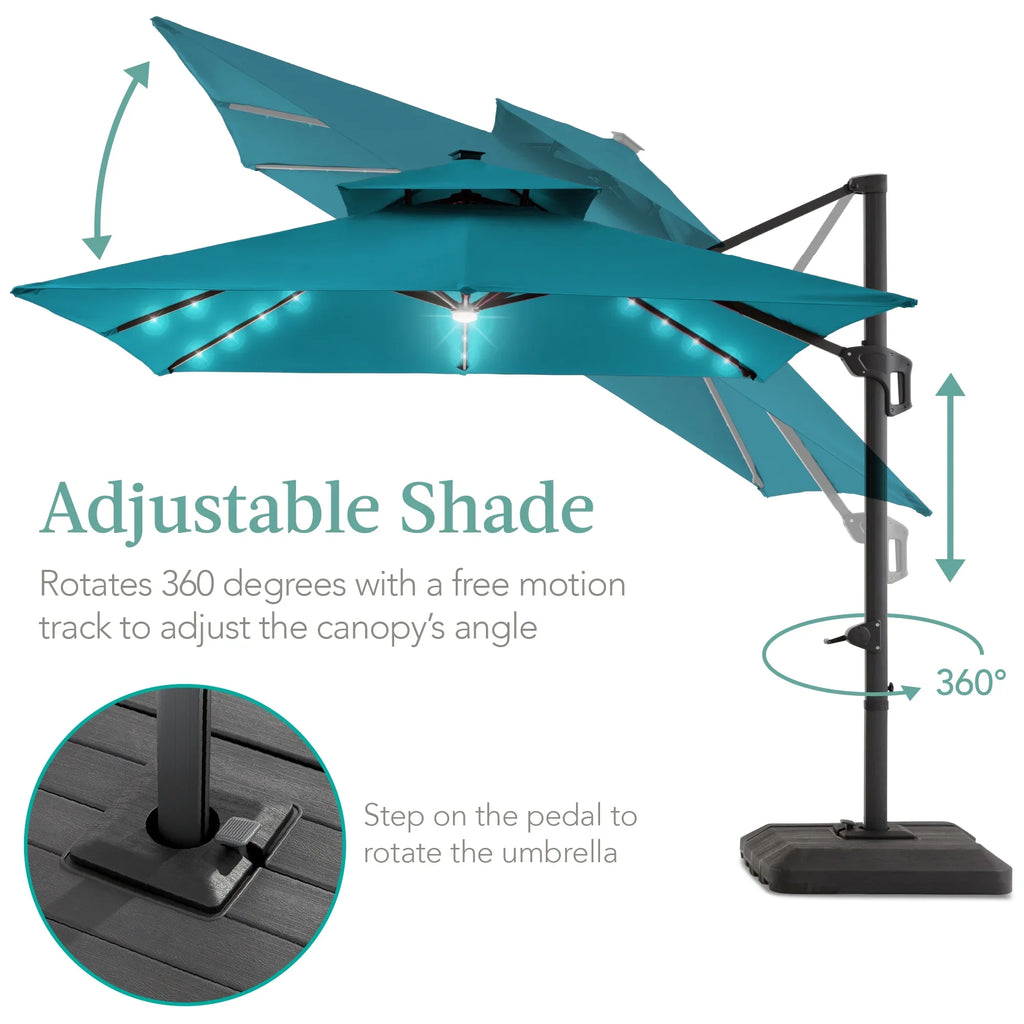 2026 NewBest Choice Products 10x10ft 2-Tier Square Outdoor Solar LED Cantilever Patio Umbrella w/ Base Included - Tan