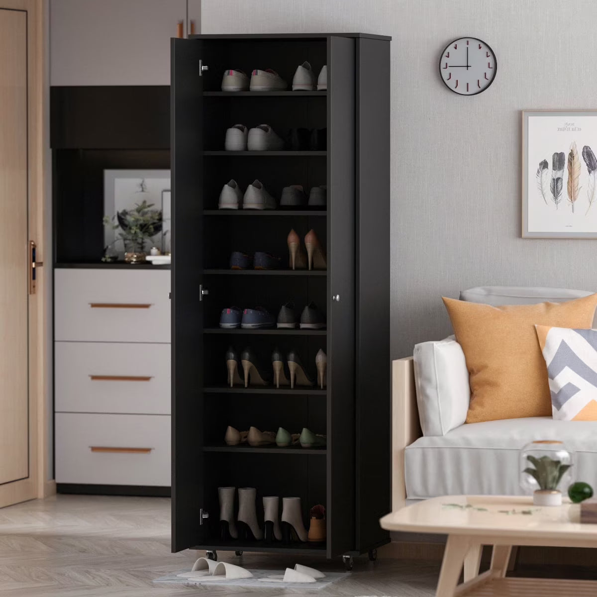 2026 NewKULAGAGA 2-Door Tall Shoes Storage Cabinet with Wheels, Modern 8-Tier Wood Shoe Rack Storage Organizer for Entryway Hallway Blcak