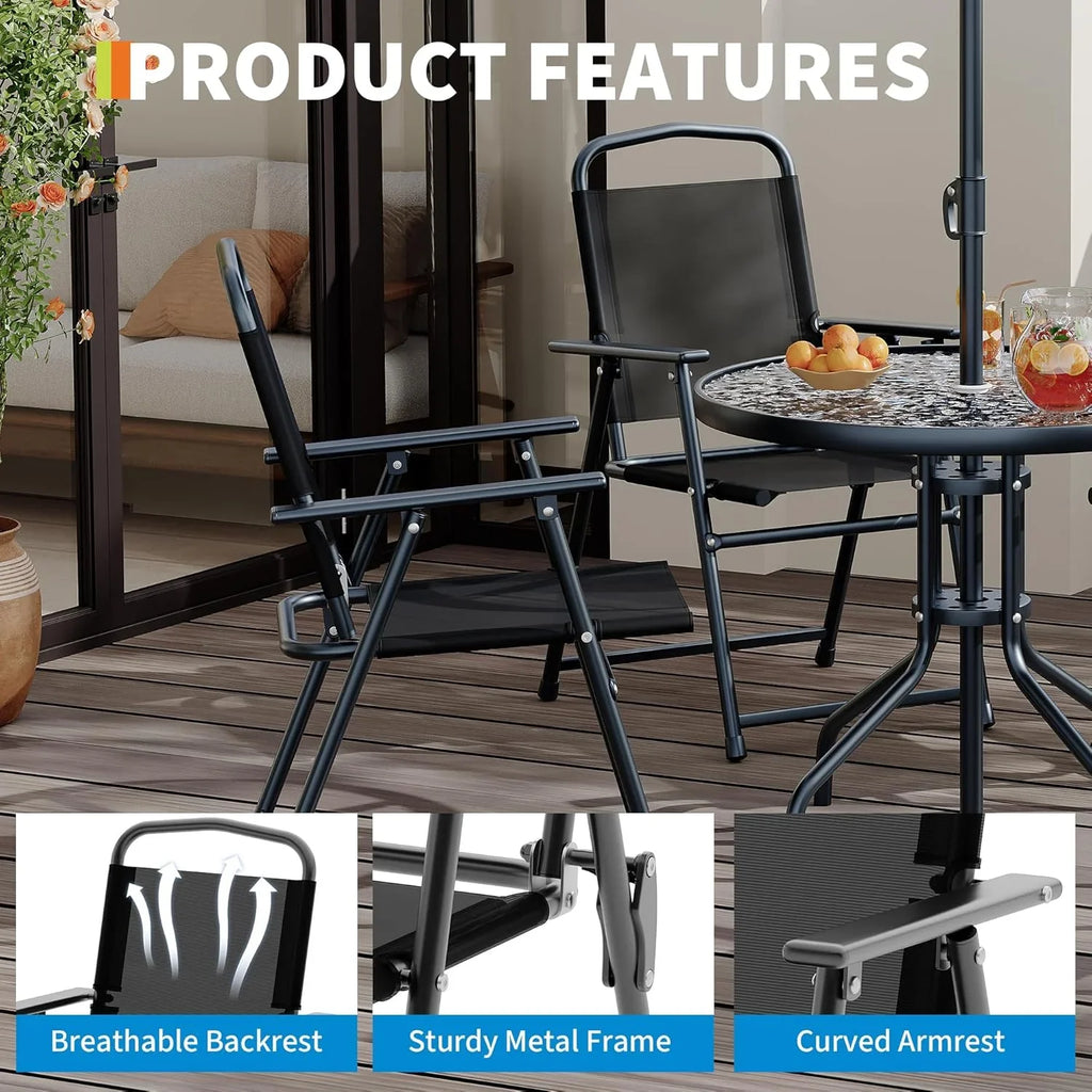 2026 New6 Pieces Outdoor Dining Set With Umbrella, Patio Table and 4 Folding Chairs With Umbrella, Garden Patio Furniture Set With Umbrellas, Tempered Glass Top Dining Table