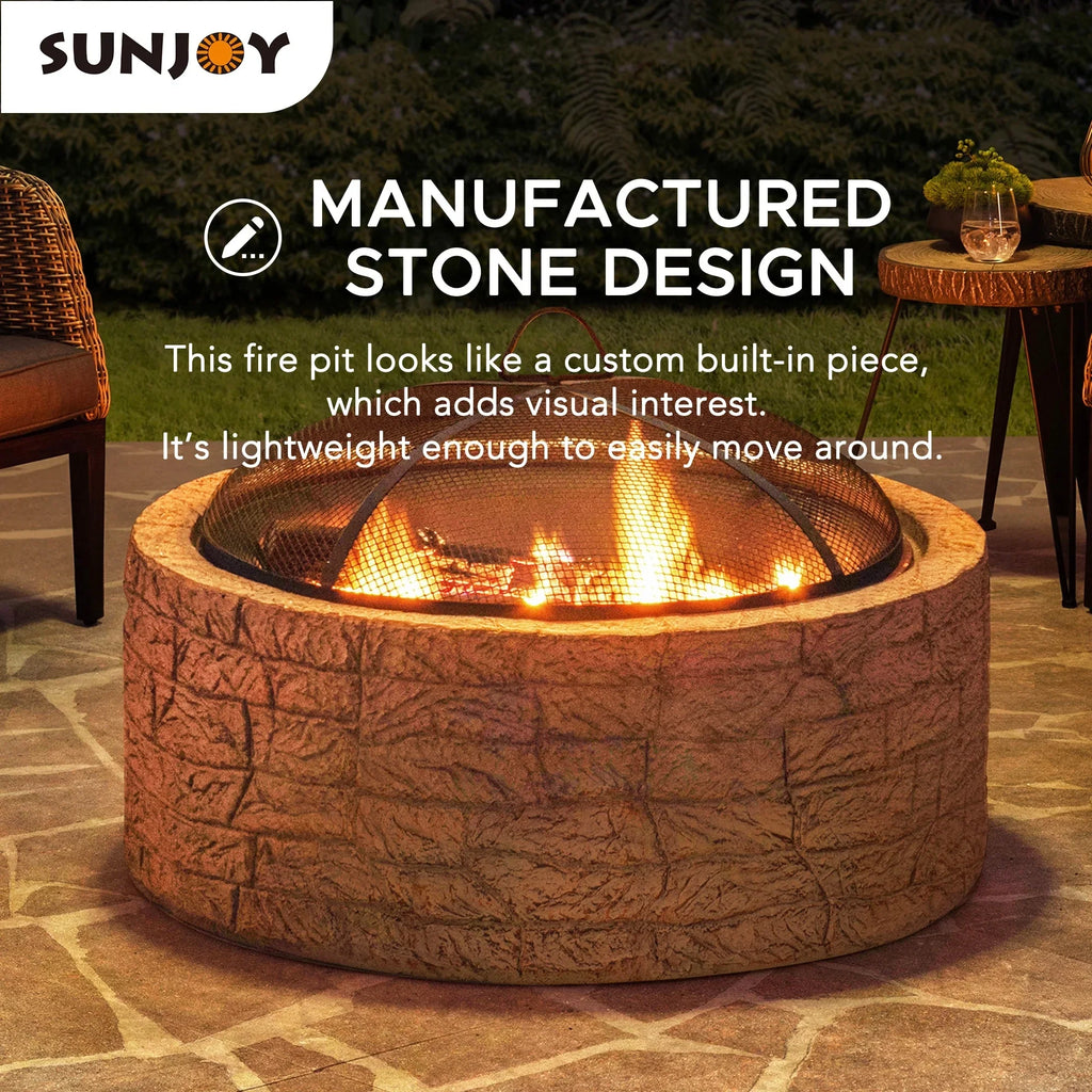 2026 NewSunjoy Stone Fire Pit 26 Inch, Outdoor Round Wood Burning Fire Pits with Spark Screen and Poker Grey
