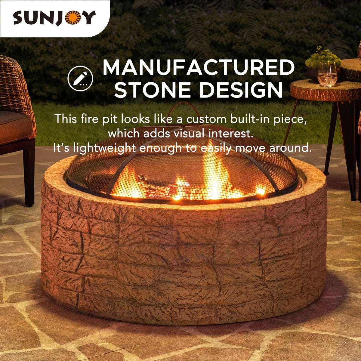 2026 NewSunjoy Stone Fire Pit 26 Inch, Outdoor Round Wood Burning Fire Pits with Spark Screen and Poker Grey