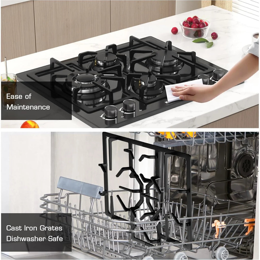 2026 New24 Inch Black Gas Cooktop - Built-in Dual Fuel Natural Gas & Propane Stove - 4 Burner Convertible Cooktop with Thermocouple Protection