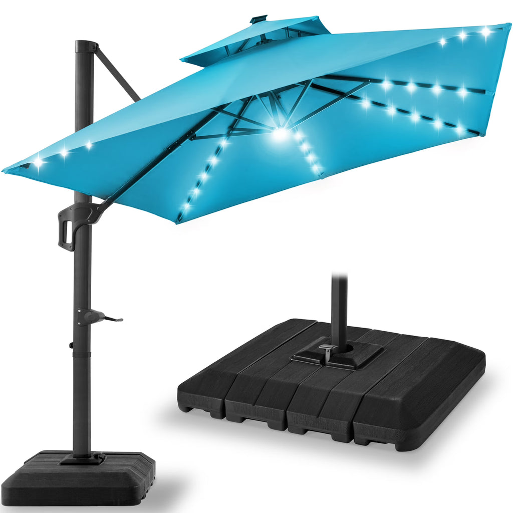 2026 NewBest Choice Products 10x10ft 2-Tier Square Outdoor Solar LED Cantilever Patio Umbrella w/ Base Included - Tan