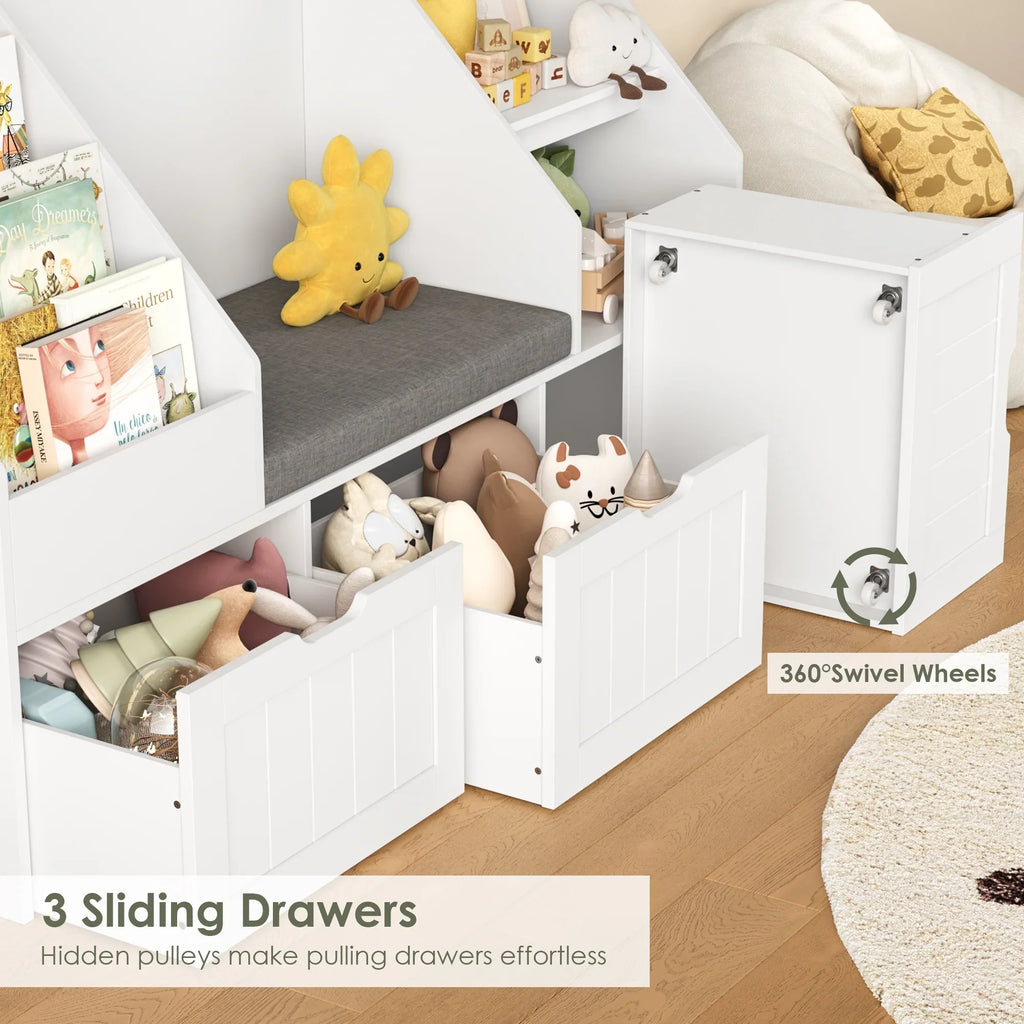 2026 NewHomfa Kids Bookshelf with Reading Nook & 3 Movable Drawers, 2 Cube Bookcase with 4-Tier Book Racks, Toy Storage Organizer for Playroom Bedroom, White