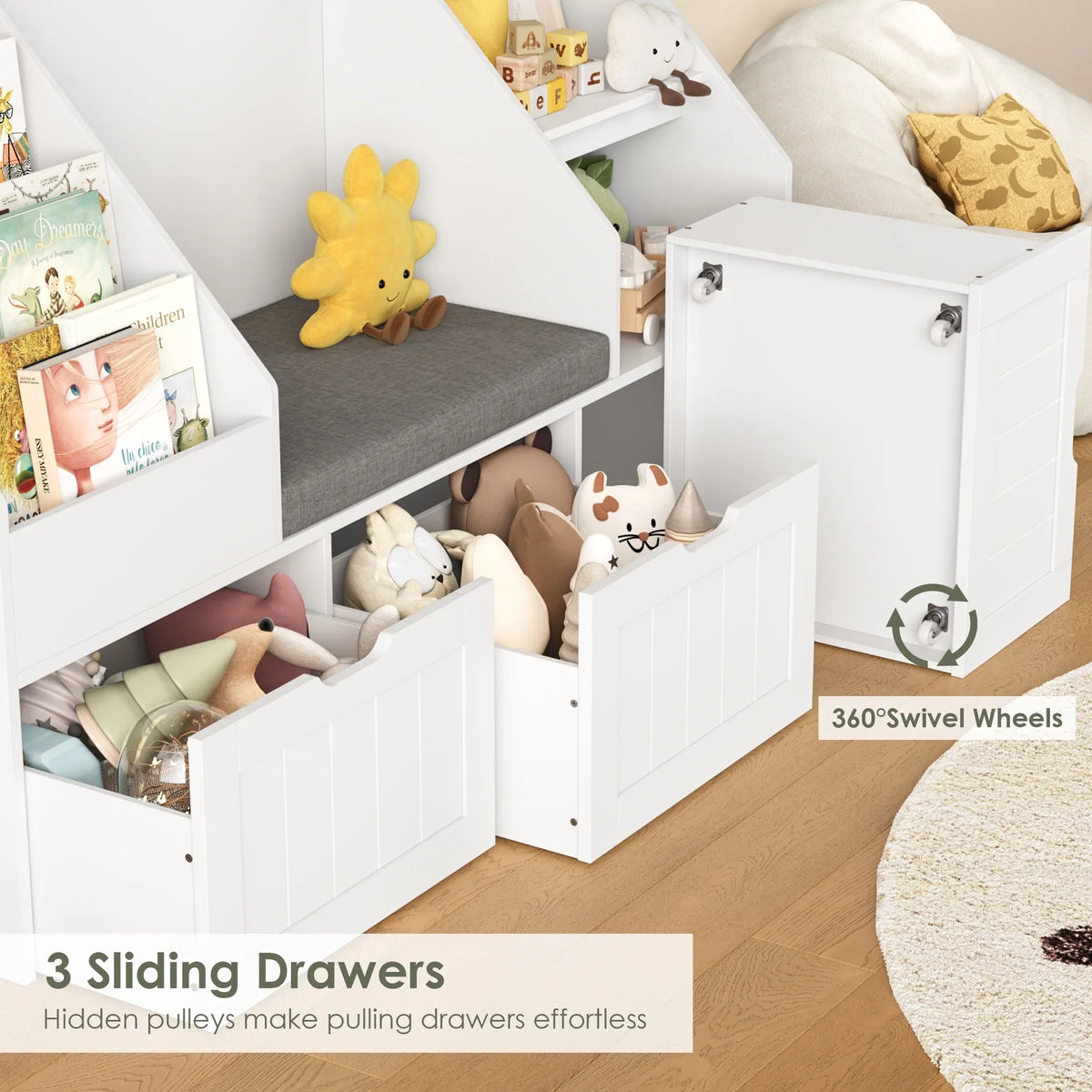2026 NewHomfa Kids Bookshelf with Reading Nook & 3 Movable Drawers, 2 Cube Bookcase with 4-Tier Book Racks, Toy Storage Organizer for Playroom Bedroom, White