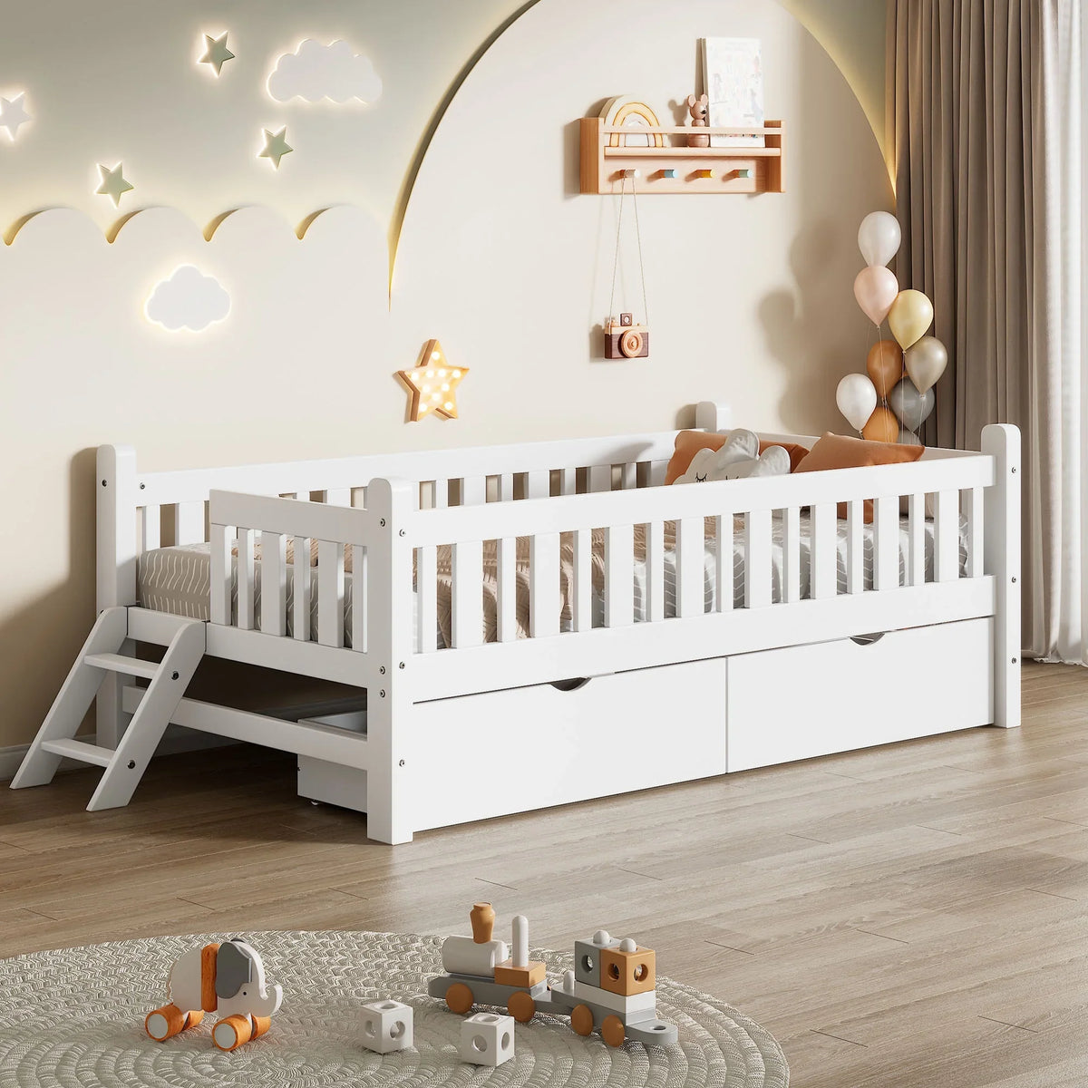 2026 NewEuroco Wood Twin Size Platform Bed with 2 Drawers and Ladder for Kids and Toddlers, White