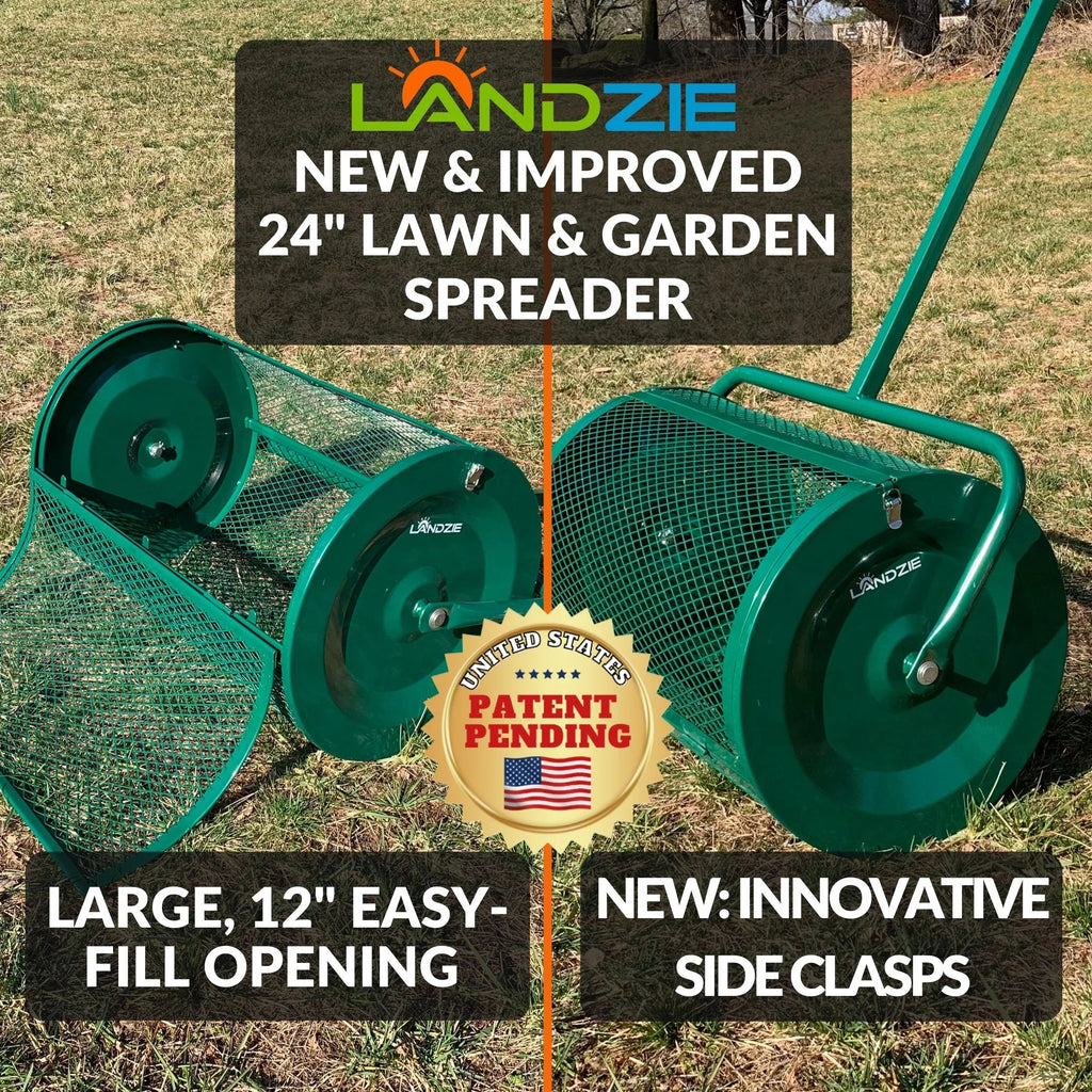 2026 NewLandzie Compost Spreader 24 Inch Walk-Behind Lawn & Garden Spreader with Metal Mesh Basket