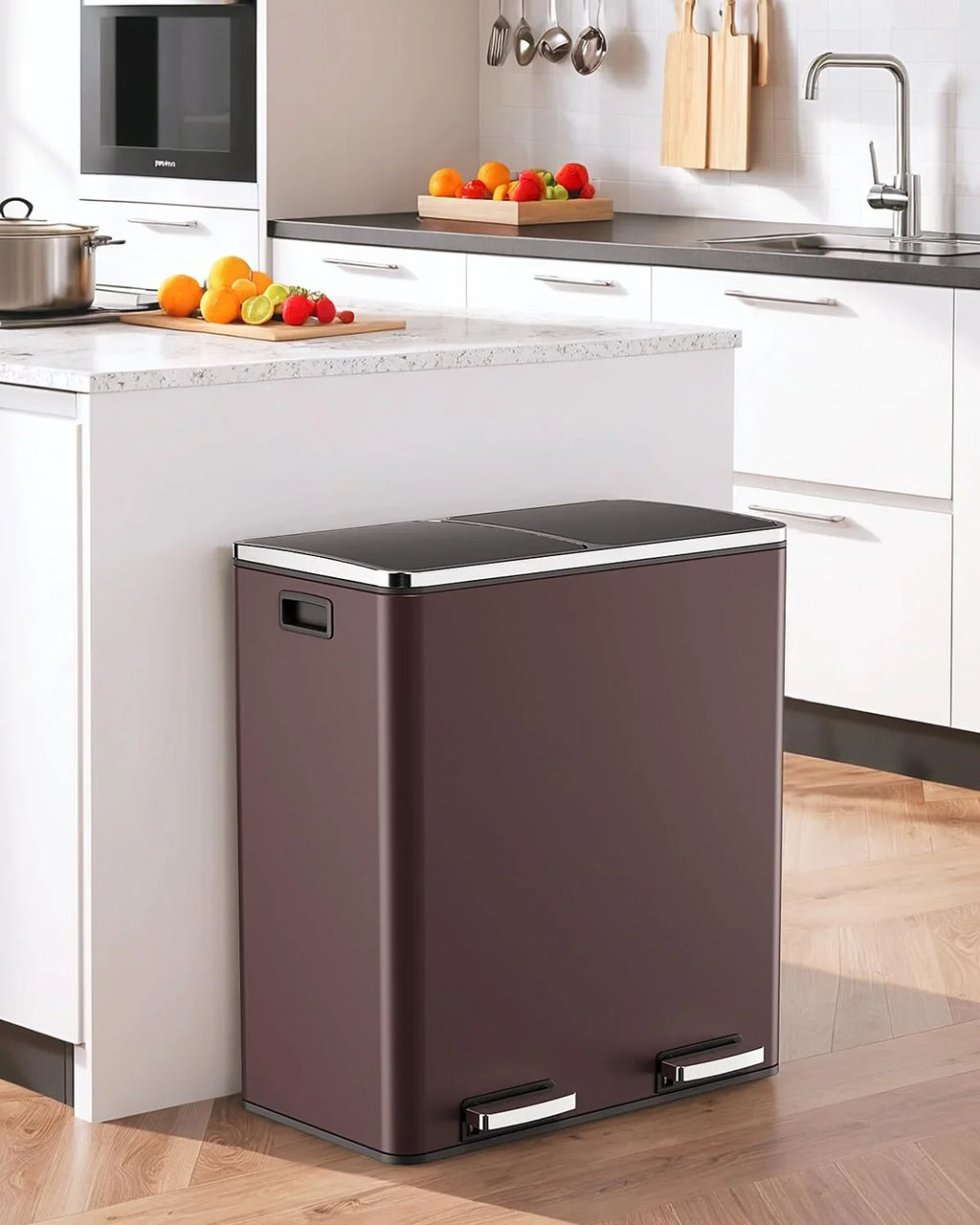 2026 NewLAZY BUDDY Dual Garbage Can, Stainless Steel 16 Gallon Step Kitchen Trash Can with Soft-Close Lid, Double Compartment Garbage Recycling Bin