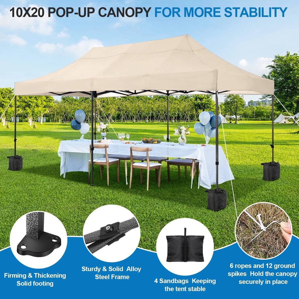 10'x20' Pop Up Canopy Waterproof Folding Tent Outdoor Easy Set-up Instant Tent Heavy Duty Commercial Wedding Party Shelter with 6 Removable Sidewalls, 4 Sandbags, Roller Bag, Khaki
