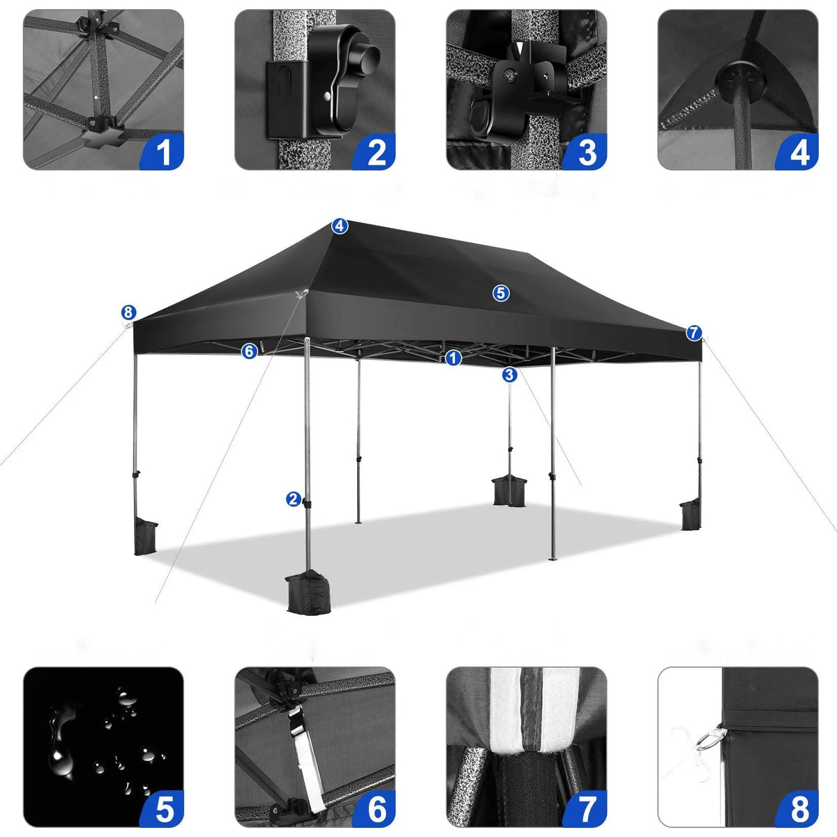 COBIZI 10x20 Heavy Duty Pop up Canopy Tent with 6 sidewalls Easy Up Commercial Outdoor Canopy Wedding Party Tent for Beach All Season Wind & Waterproof Gazebo with Roller Bag,Black(Frame Thickened)