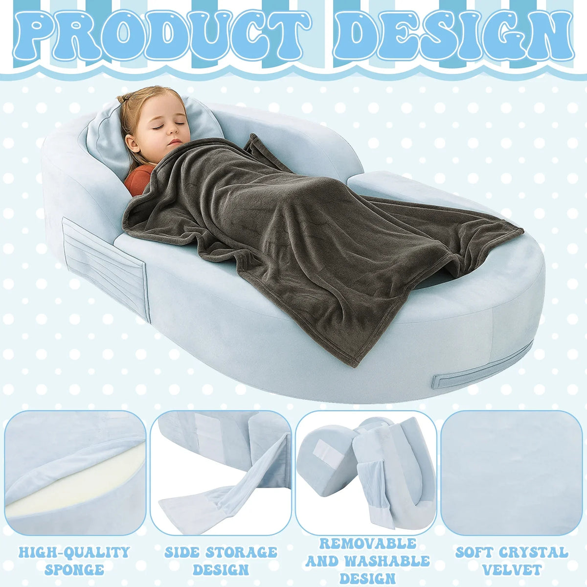 2026 NewCoumy Toddler Travel Bed 2-in-1 Kids Sofa Chair with Removable Cover, Soft Foam Portable Foldable Toddler Bed for Travel with Carrying Bag, Blue