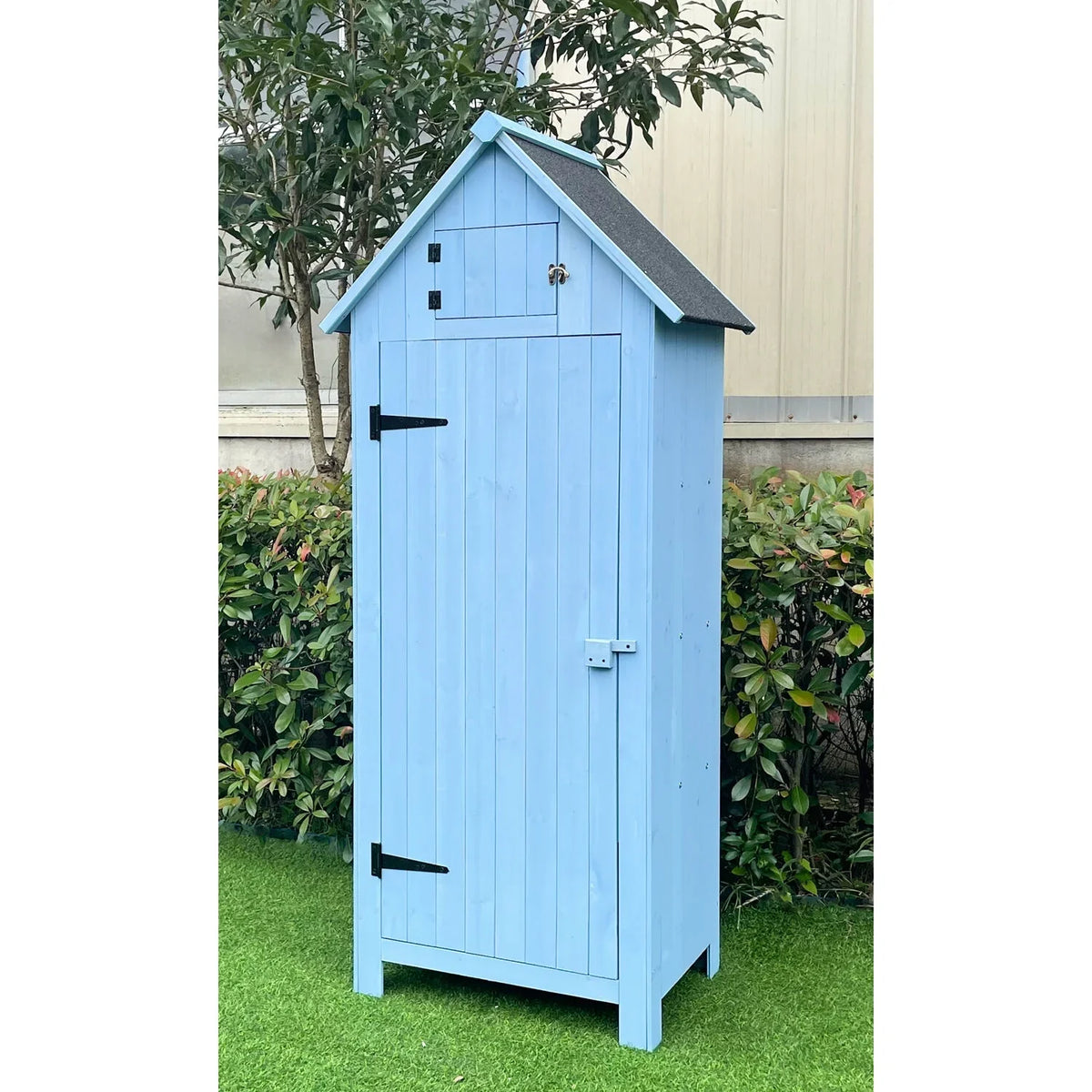 2026 NewHanover Sturdy Durable Waterproof Wood Outdoor Vertical Storage Shed, 70.40"x 30.30"x21.30", Blue