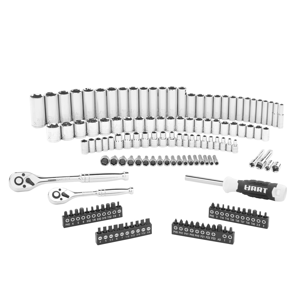 HART 140-Piece 1/4 and 3/8-inch Drive Mechanics Tool Set, Chrome Finish, SAE & Metric