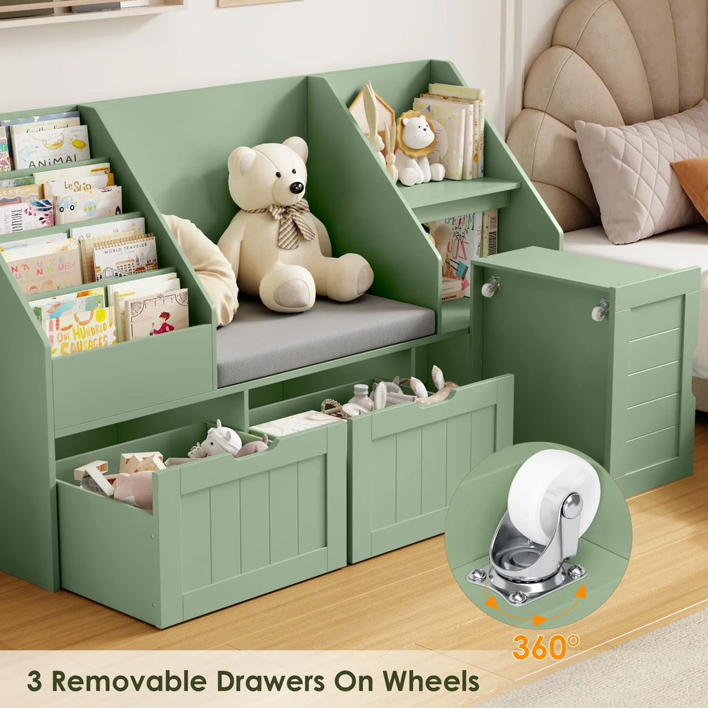 2026 NewHomfa Kids Bookshelf with Reading Nook & 3 Movable Drawers, 2 Cube Bookcase with 4-Tier Book Racks, Toy Storage Organizer for Playroom Bedroom, White