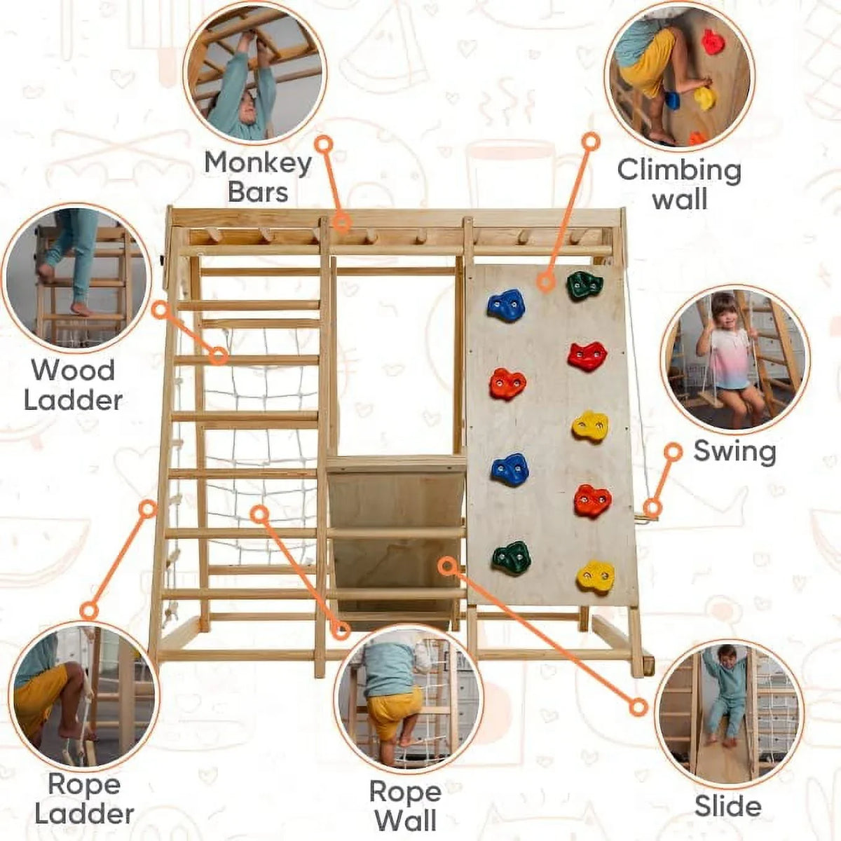2026 NewAvenlur Indoor Toddler and Child Indoor Gym Playground Climber - Real Wooden Playset 6-in-1 Slide, Rock Climb Wall, Rope Wall Climbing, Monkey Bars, Swing, Ladder Fun Gym for Children