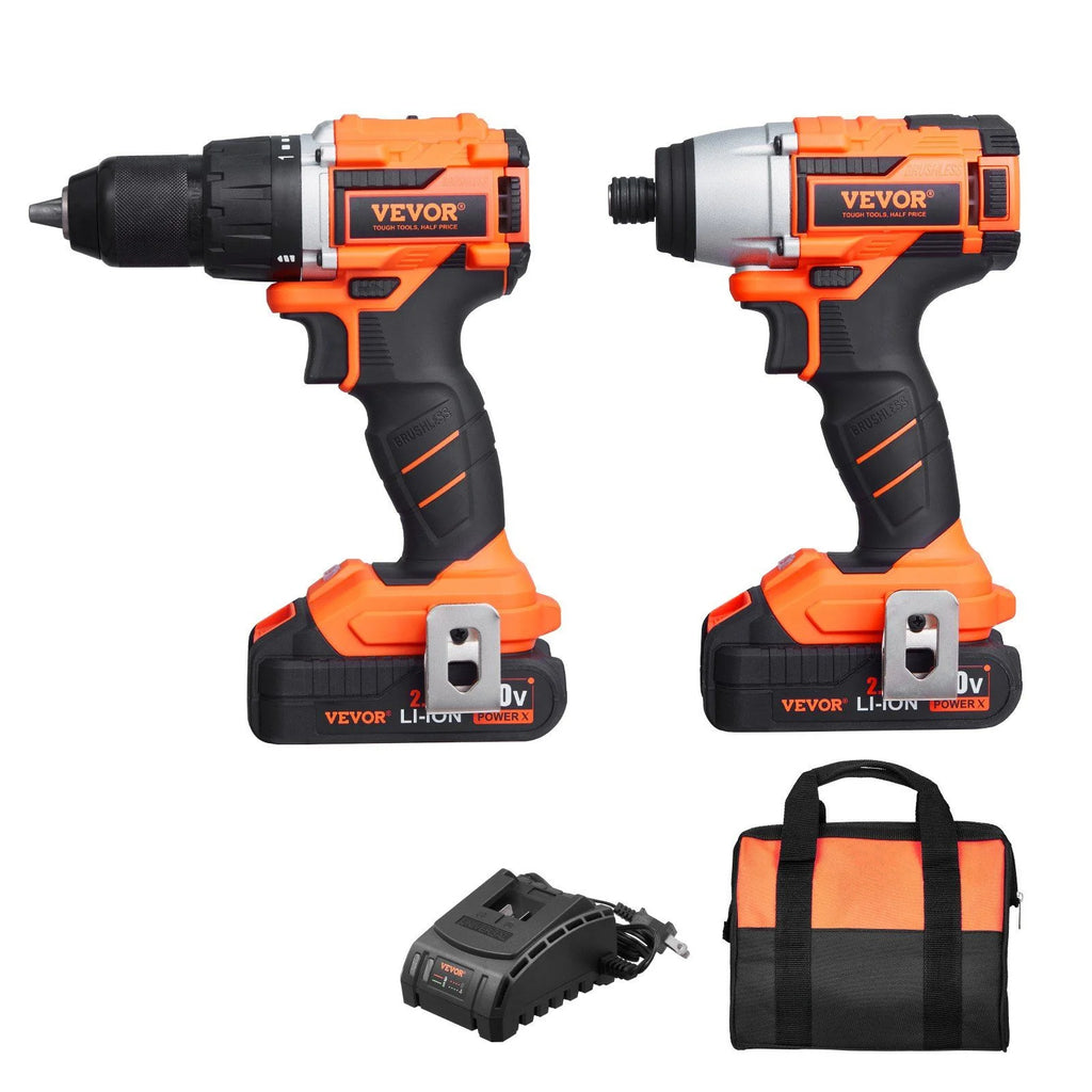 Tool Combo Kit Max 20V Cordless 2-Tool Set with 1/2 in Drill, 1/4 in Impact Driver, Brushless Motor, LED Light, and 2.0Ah Batteries for Professional DIY, Renovation, Repair, and Construction