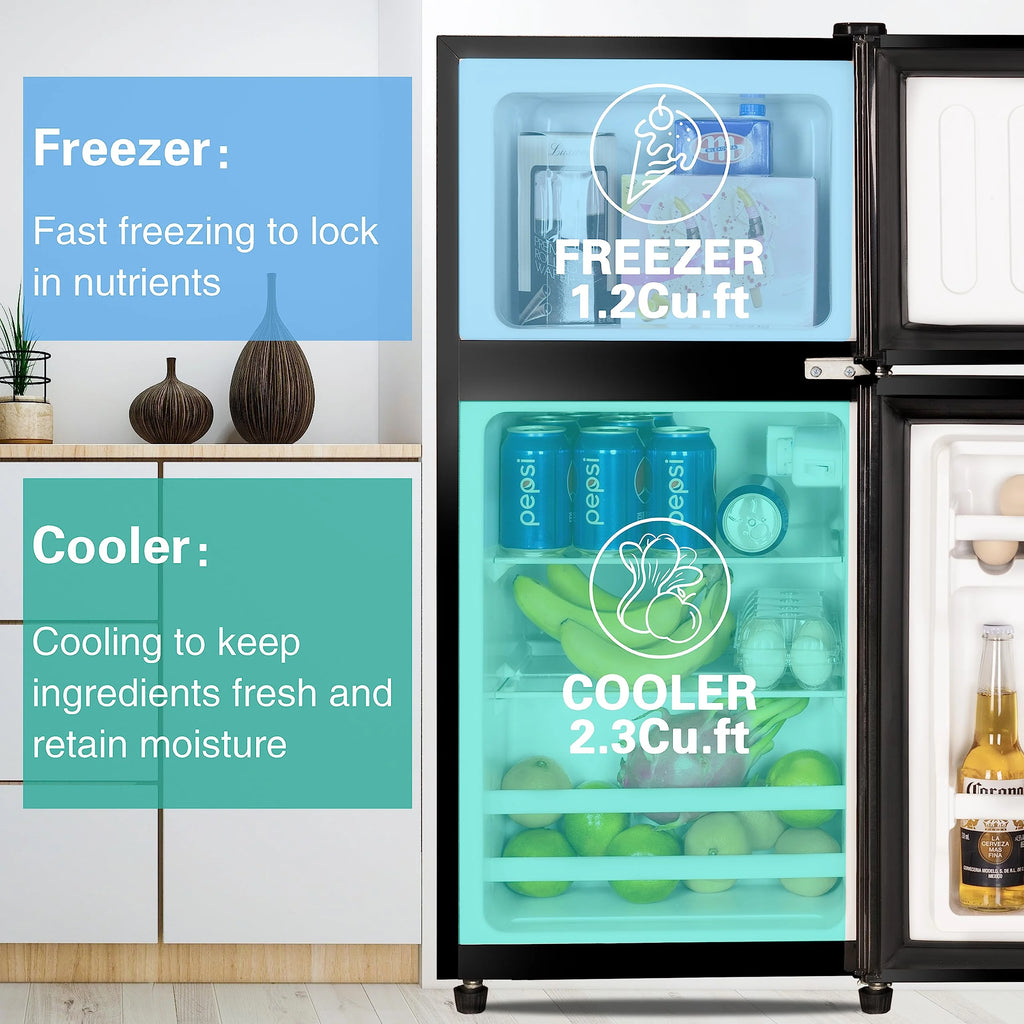3.5 Cu.Ft Compact Mini Fridge with Freezer, 2-Door Small Refrigerator with 7-Level Thermostat & Removable Shelves for Kitchen, Dorm, Apartment, Bar, Office-Black-