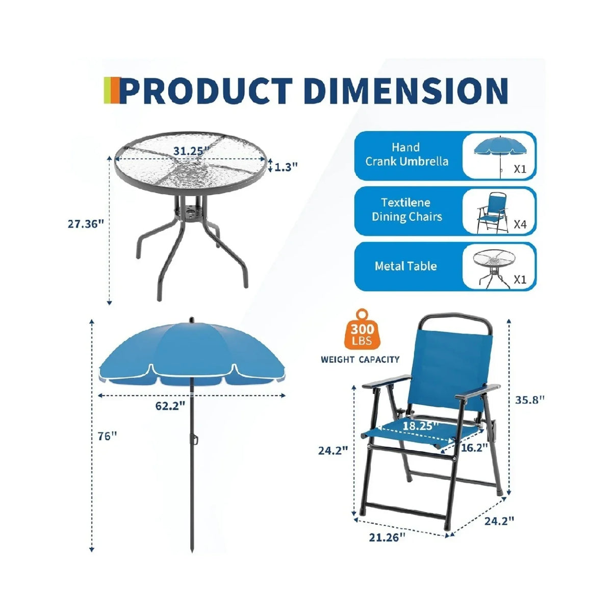2026 New6 Pieces Outdoor Dining Set With Umbrella, Patio Table and 4 Folding Chairs With Umbrella, Garden Patio Furniture Set With Umbrellas, Tempered Glass Top Dining Table