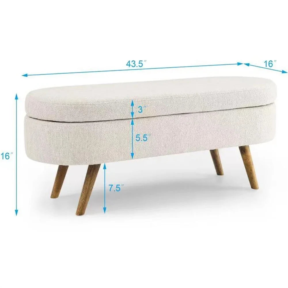 2026 New43.5" Oval Storage Ottoman Bench with Solid Wood Legs, Linen Fabric Upholstered Entryway Bench with Safety Hinge, Indoor Bench for End of Bed, Sofa Side, Entryway