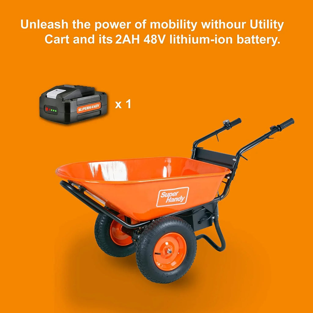 2026 NewSuperHandy Motorized Wheel Barrow - Electric Self-Propulsion, 48V 2Ah Battery, 330lb Capacity, 4 Cu. Ft Tub, DUMP