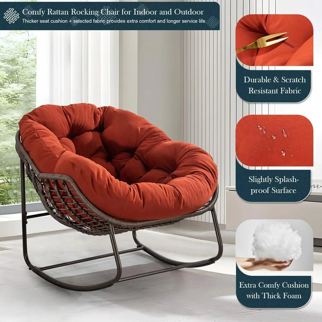 2026 NewOutdoor Papasan Rocking Chair, Patio Oversized Wicker Egg Rocking Chair, Indoor & Outdoor Comfy Rocker Chair with Thick Cushion, Modern Lounge Chair for Front Porch, Garden, Backyard, Grey