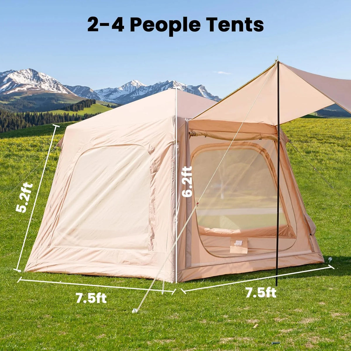 Slsy 4-6 Person Inflatable Camping Tents with Hand Pump & Carry Bag, Air Glamping Tents, Easy Setup Waterproof Windproof Blow up Tent, 4 Seasons Oxford Cabin Tent with Mesh & Chimney Window