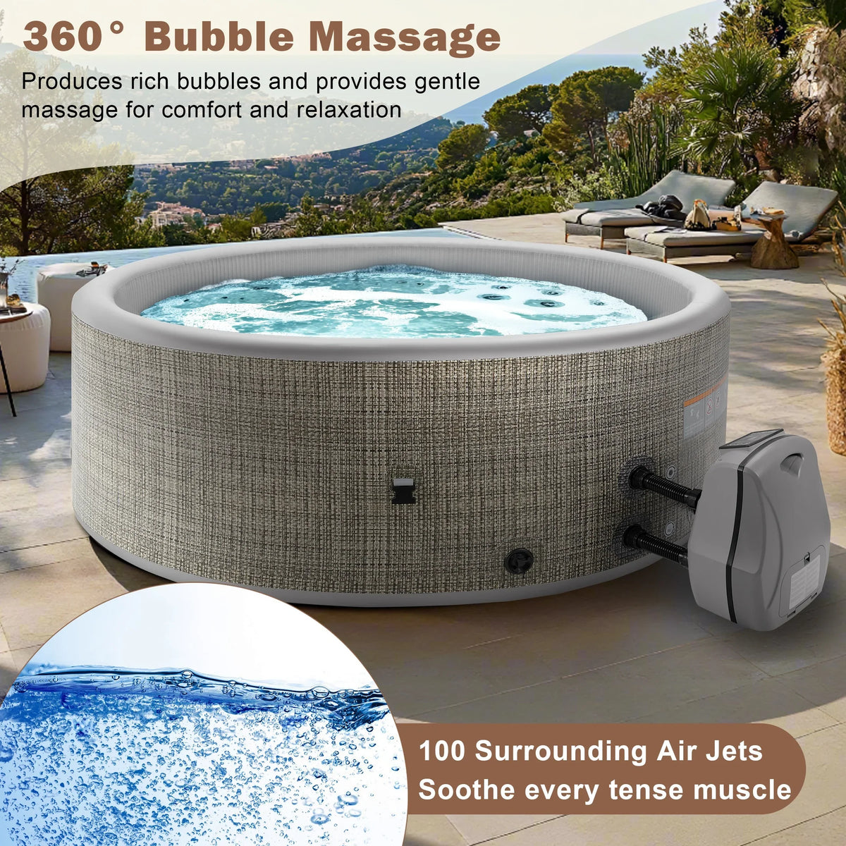 2026 NewRound Hot Tub Surround Furniture, Spa Surround Outdoor Rattan Sectional Sofa Set with Mini Sofa, Solid Acacia Wood Hot Tub Storage Surround Patio Furniture Set, Gray Cushion
