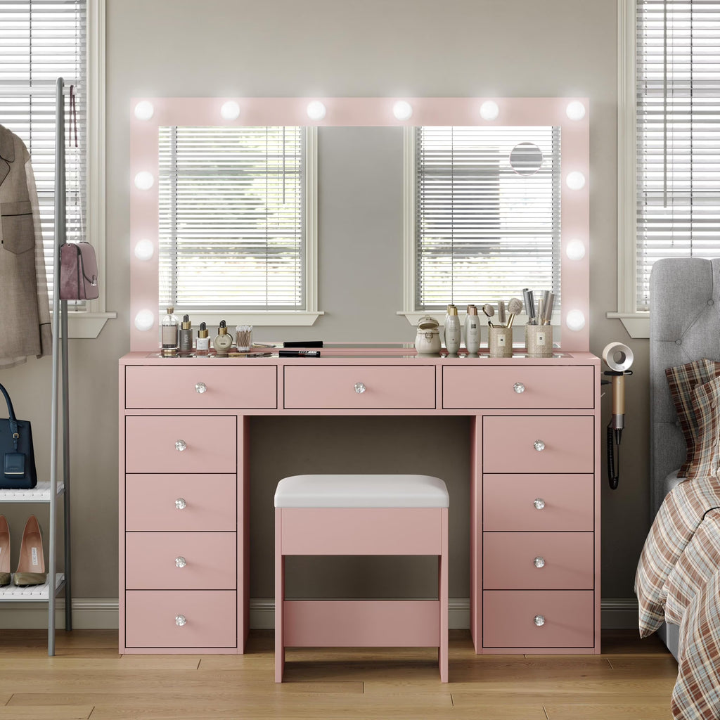 2026 NewWhite Vanity Desk with Illuminated Mirror & Power Outlet, 11 Drawers Vanity Table with Chair, Makeup Vanity with 12 LED Lights, Tempered Glass Top, Dressing Table for Bedroom,Dressing Room