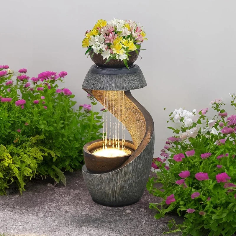 2026 NewOutdoor Water Fountain Modern Curved Waterfall S-Shaped Freestanding Fountain with Bowl Planter for Patio Deck Garden Yard Home Decor