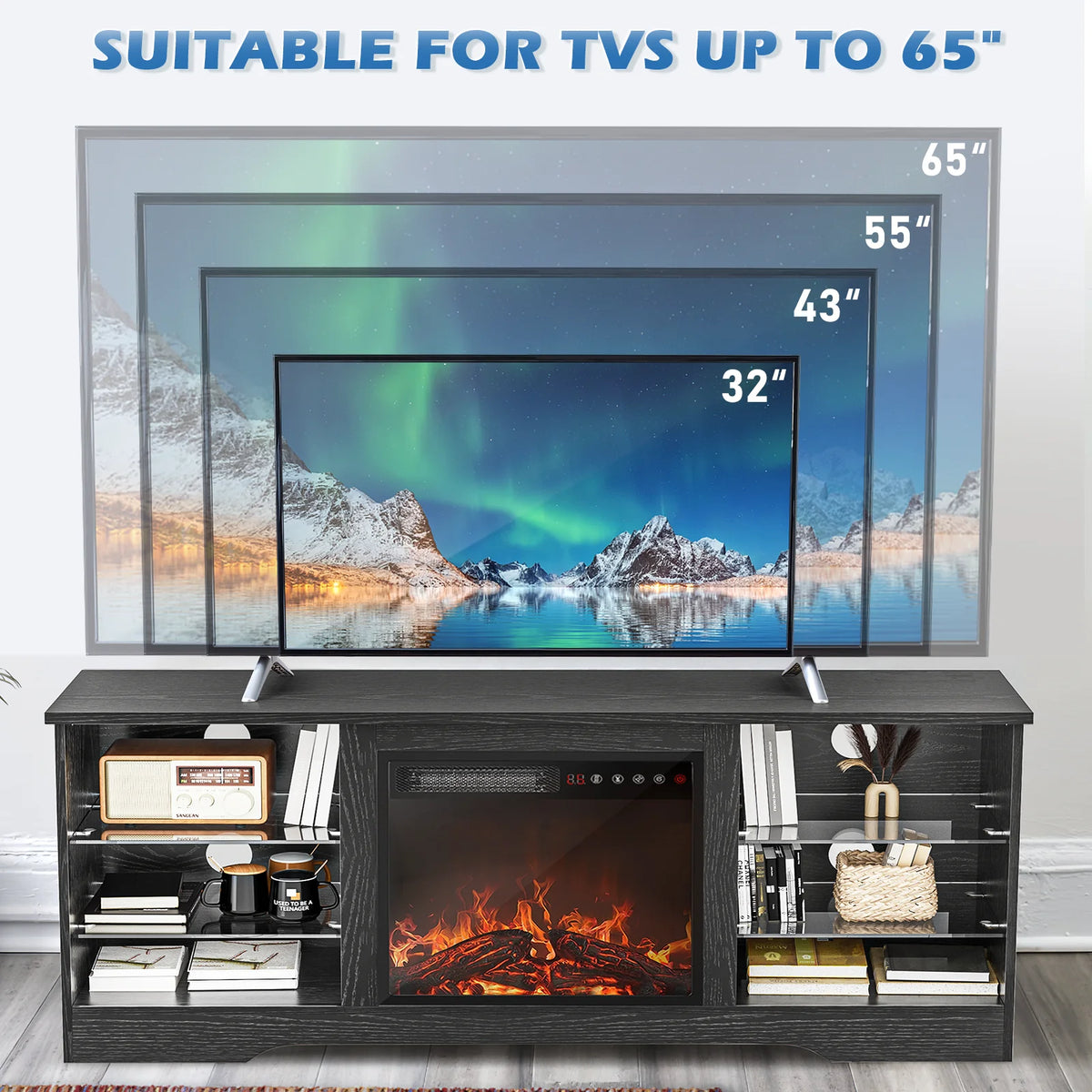 Waleaf Fireplace TV Stand with 18'' Fireplace for TVs up to 65 inch, Two Adjustable Glass Shelves