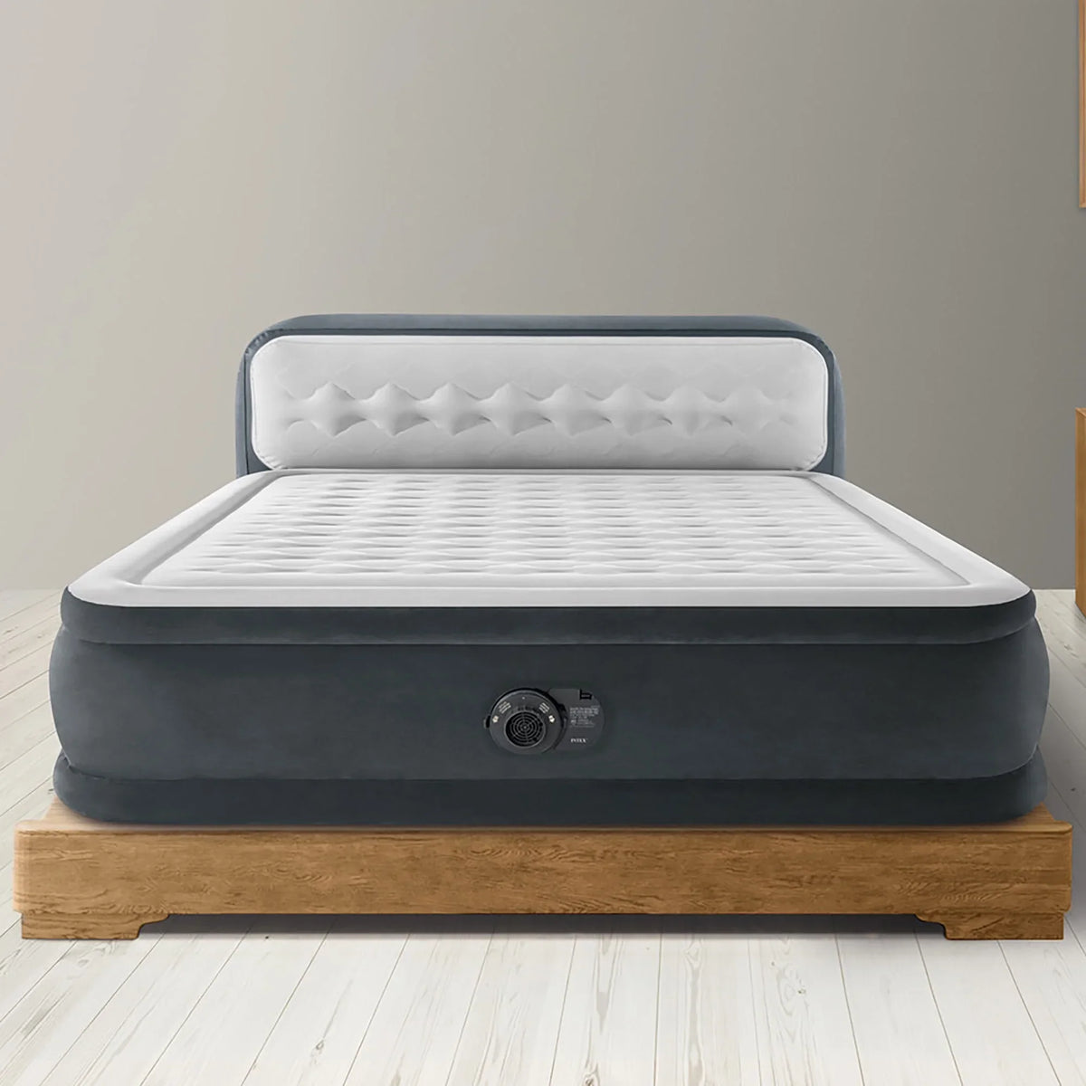 2026 NewIntex: Dura-Beam Deluxe: Ultra Plush Headboard Airbed - Queen - Gray, 18" Inflatable Mattress, Built-In Pump, Fiber-Tech, Carry Bag, 600lb Cap 64447ED