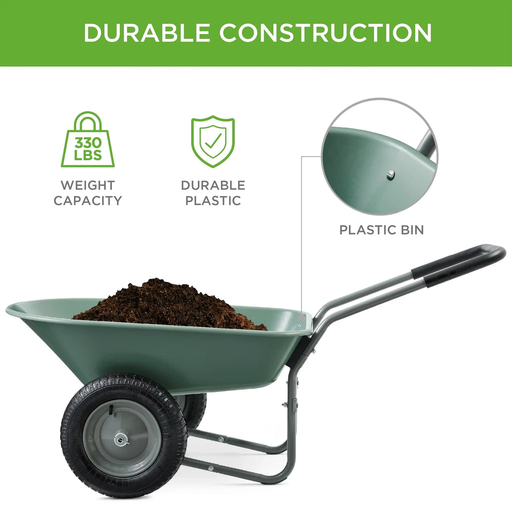 2026 NewBest Choice Products Dual-Wheel Home Wheelbarrow Yard Garden Cart for Lawn, Construction - Green