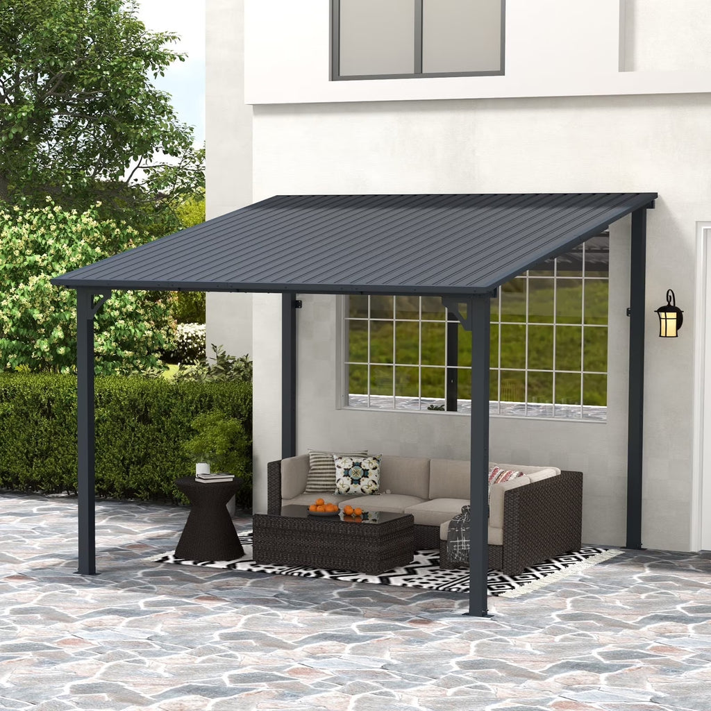 2026 New8' x 10' Outdoor Pergola Gazebo, Lean to Awnings Gazebos, Heavy Duty Hard Top Metal Pergola with Roof, for Patio, Backyard, Decks, Poolside