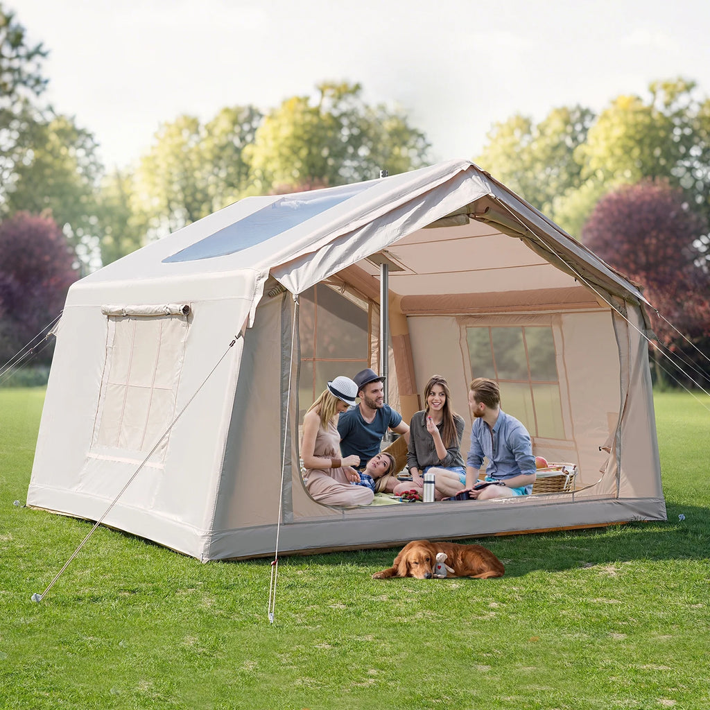 Slsy 4-6 Person Inflatable Camping Tents with Hand Pump & Carry Bag, Air Glamping Tents, Easy Setup Waterproof Windproof Blow up Tent, 4 Seasons Oxford Cabin Tent with Mesh & Chimney Window