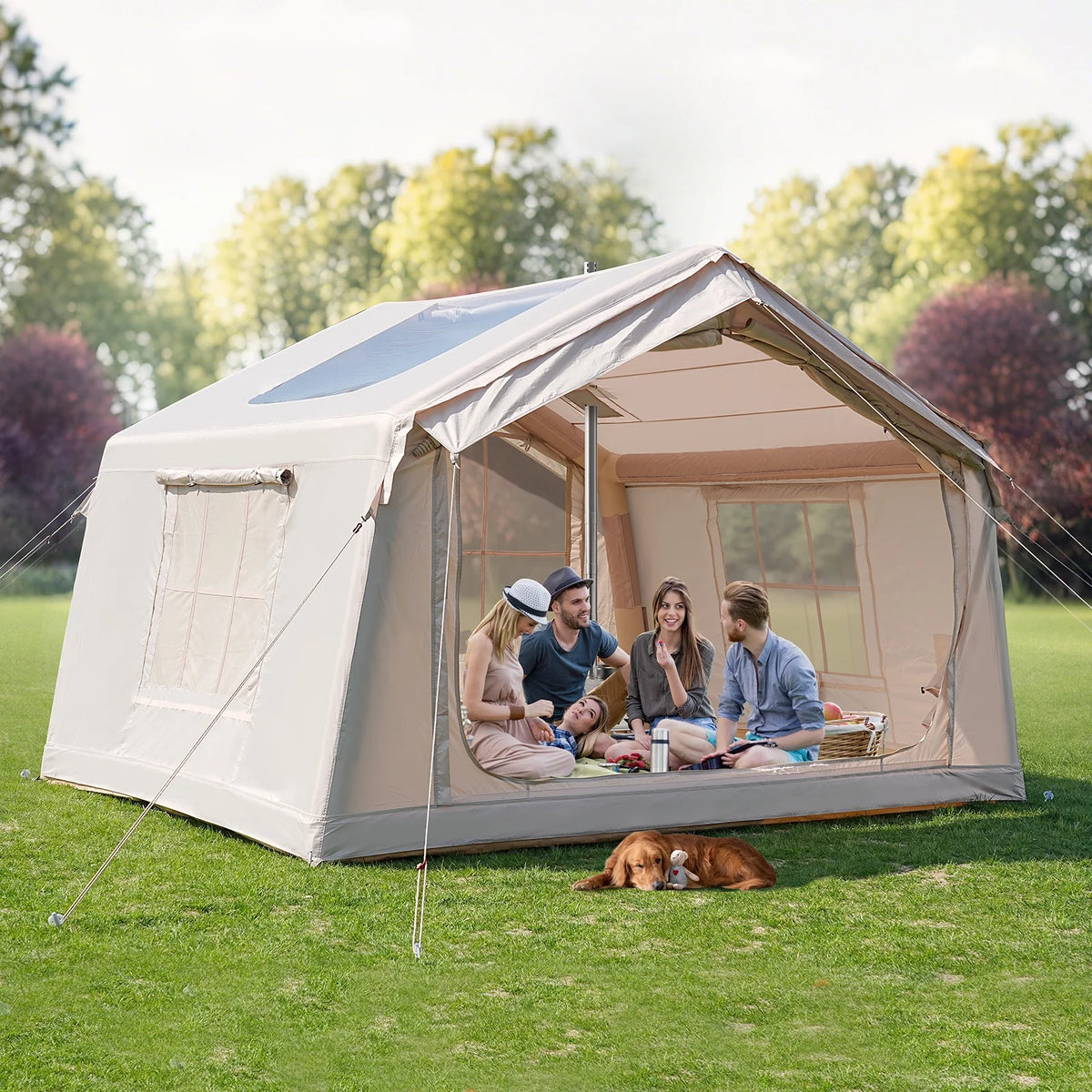 Slsy 4-6 Person Inflatable Camping Tents with Hand Pump & Carry Bag, Air Glamping Tents, Easy Setup Waterproof Windproof Blow up Tent, 4 Seasons Oxford Cabin Tent with Mesh & Chimney Window