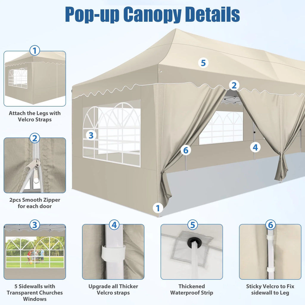 COBIZI 10X20 Pop up Canopy Tent with 6 Removable Side Walls Heavy Duty,Waterproof Adjustable Outdoor Event Party tent Parties,Commercial Instant Portable,Weddings,Camping,with Wheeled Bag,Gray
