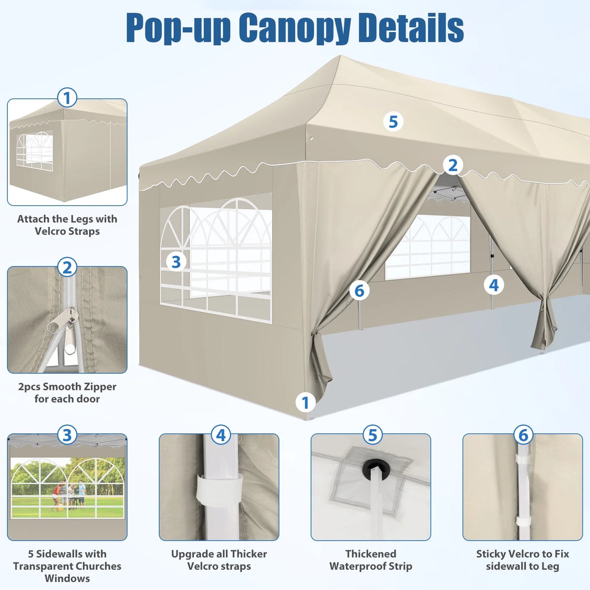 COBIZI 10X20 Pop up Canopy Tent with 6 Removable Side Walls Heavy Duty,Waterproof Adjustable Outdoor Event Party tent Parties,Commercial Instant Portable,Weddings,Camping,with Wheeled Bag,Gray