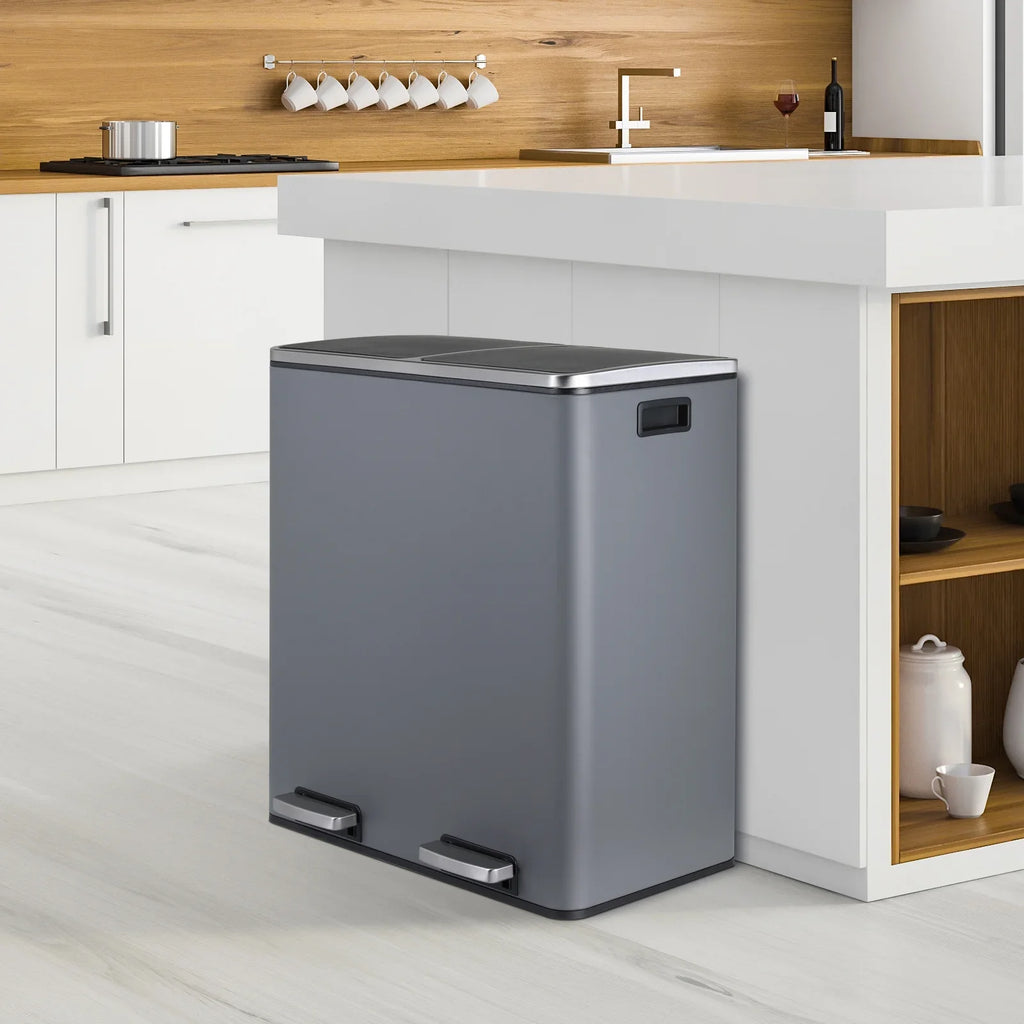 2026 NewLAZY BUDDY Dual Garbage Can, Stainless Steel 16 Gallon Step Kitchen Trash Can with Soft-Close Lid, Double Compartment Garbage Recycling Bin