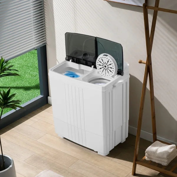 2026 New20Lb Twin Tub Washing Machine w/ Built-In Pump - Semi-Automatic 1300RPM Compact Washer for Apartment, Dorm, RV, Camping, White/Black