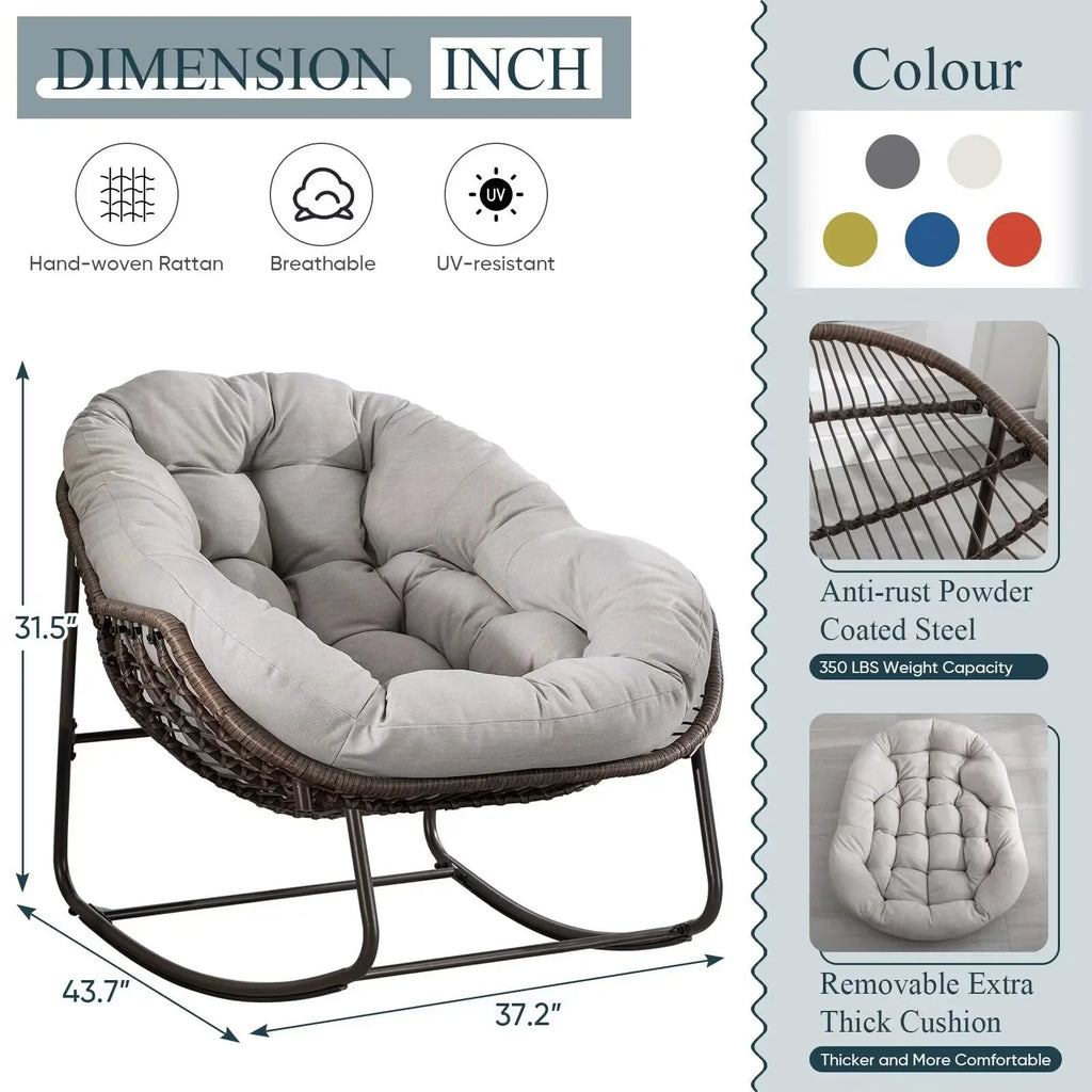 2026 NewOutdoor Papasan Rocking Chair, Patio Oversized Wicker Egg Rocking Chair, Indoor & Outdoor Comfy Rocker Chair with Thick Cushion, Modern Lounge Chair for Front Porch, Garden, Backyard, Grey