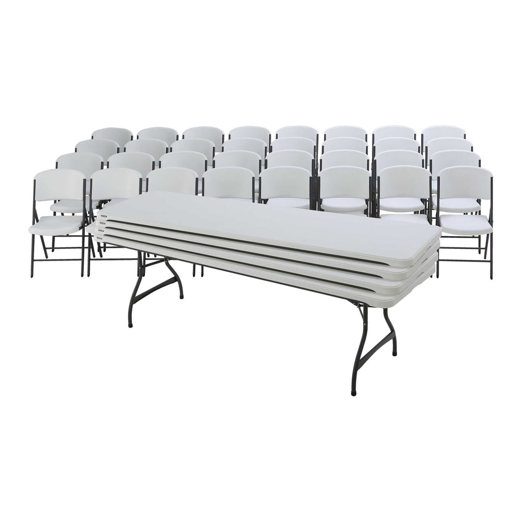 Lifetime (4) 8-Foot Rectangle Stacking Tables and (32) Chairs Combo Indoor/Outdoor Commercial Grade, White Granite (80410)