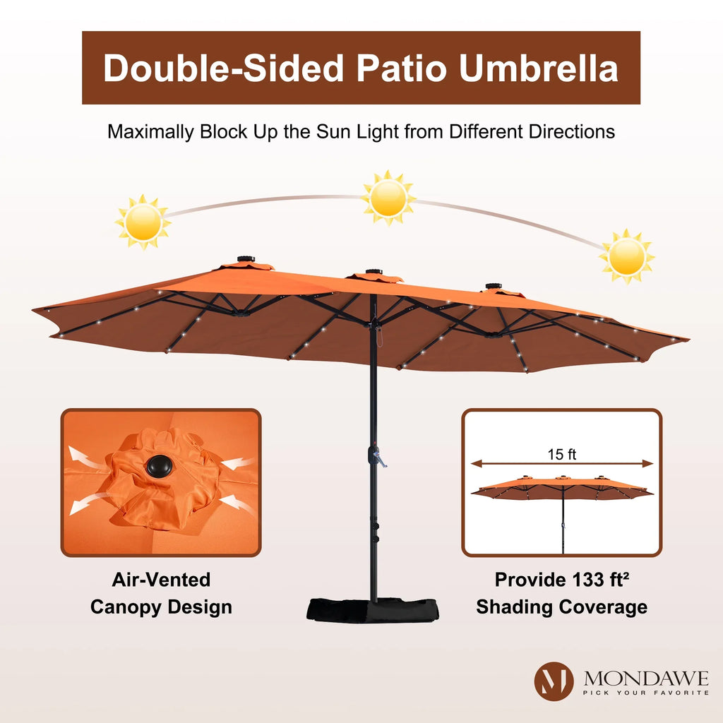2026 NewMondawe 15ft Patio Umbrella Rectangular Outdoor Market Umbrella with Base and LED Lights Beige