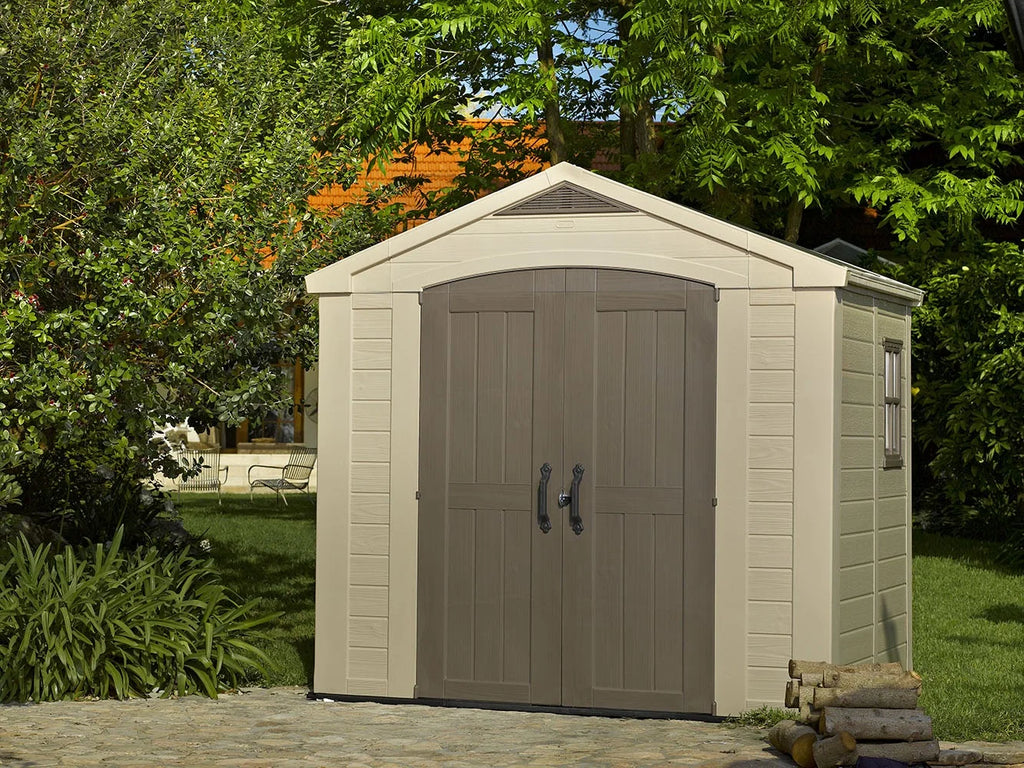 2026 NewKeter Factor 8 x 11 Foot All Weather Resin Outdoor Storage Shed, Taupe