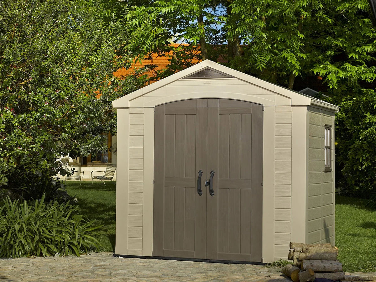 2026 NewKeter Factor 8 x 11 Foot All Weather Resin Outdoor Storage Shed, Taupe